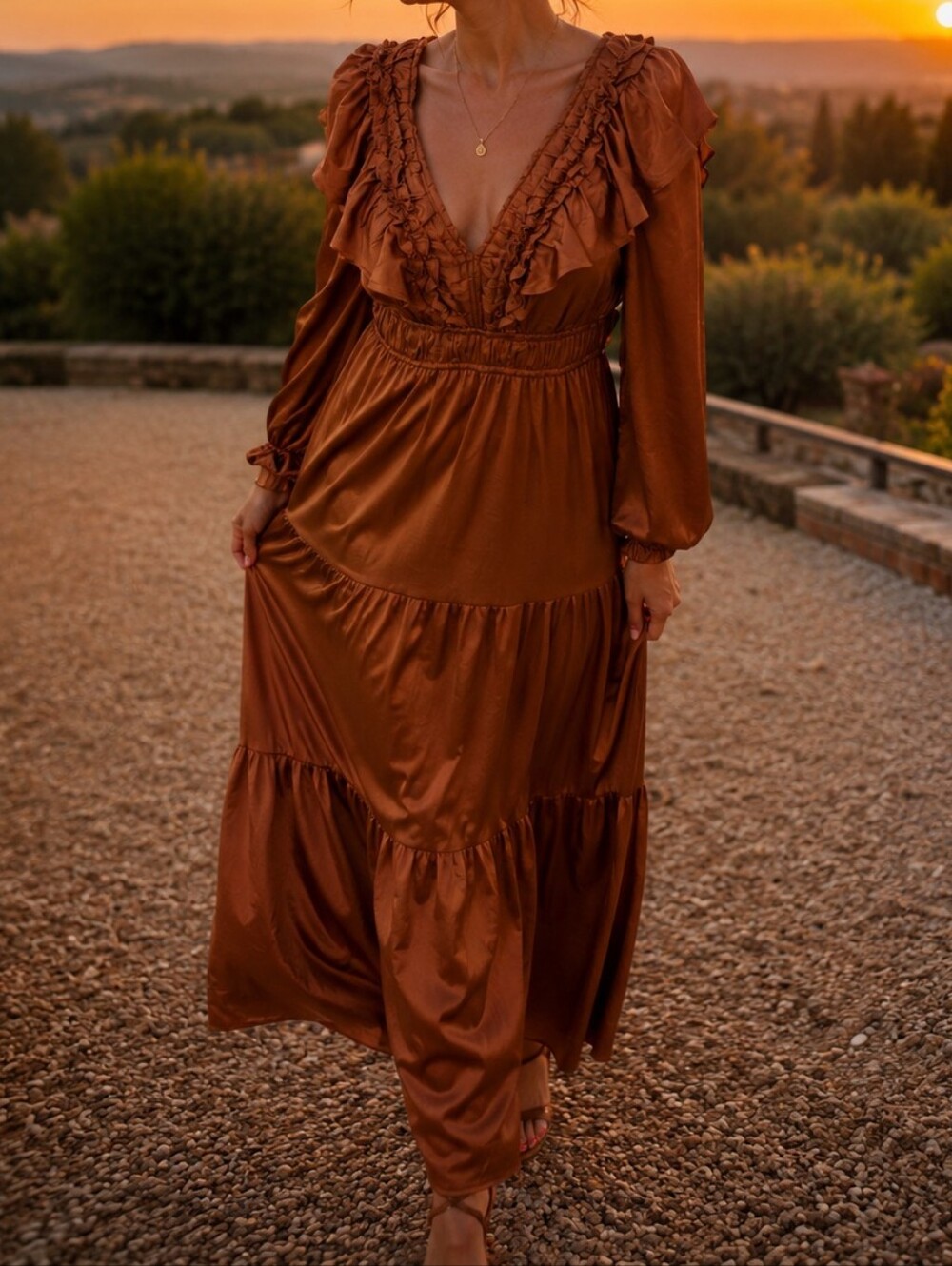 Love Okie Satin Maxi Long Sleeve Dress